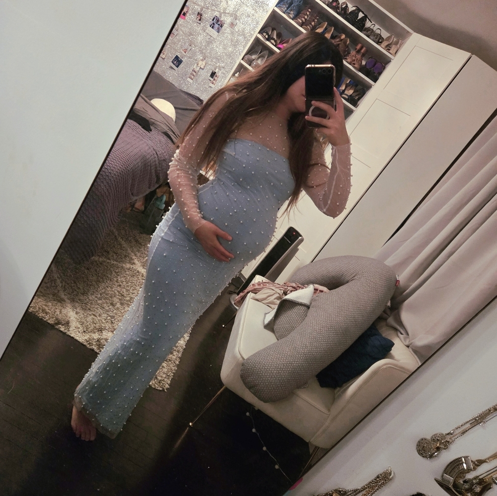 Elegant Maternity Blue Pearl-Embellished Dress Baby Shower